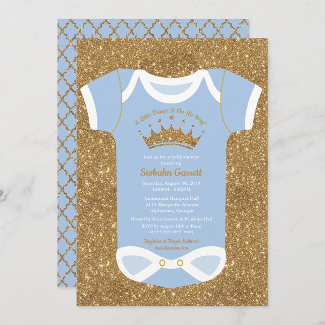 Invitation Petit Baby shower Bleu Bébé et Royal Gold (Devant / Derrière)