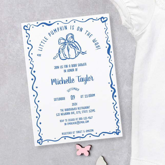 Invitation Petit Baby shower bleu français Citrouille unique (quirky hand drawn french blue pumpkin with a bow)