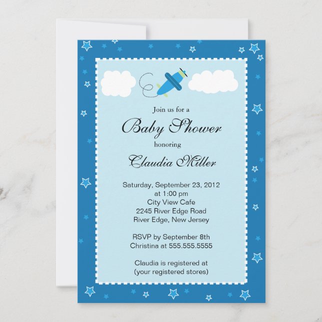 Invitation Petit baby shower bleu mignon de garçon d'avion (Devant)