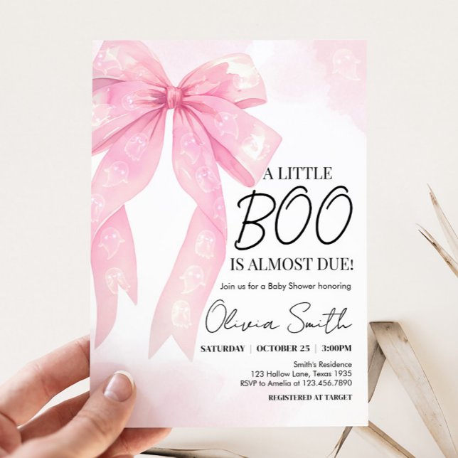 Invitation Petit Baby shower Boo Bow rose (Pink Bow Little Boo Halloween Coquette Baby Shower Invitation)