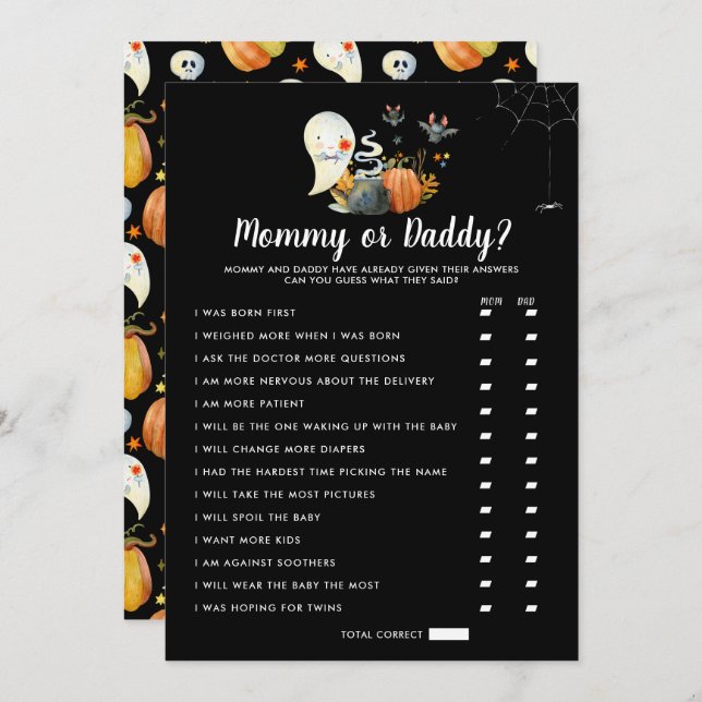 Invitation Petit Baby shower Boo | Jeu maman ou papa (Devant / Derrière)