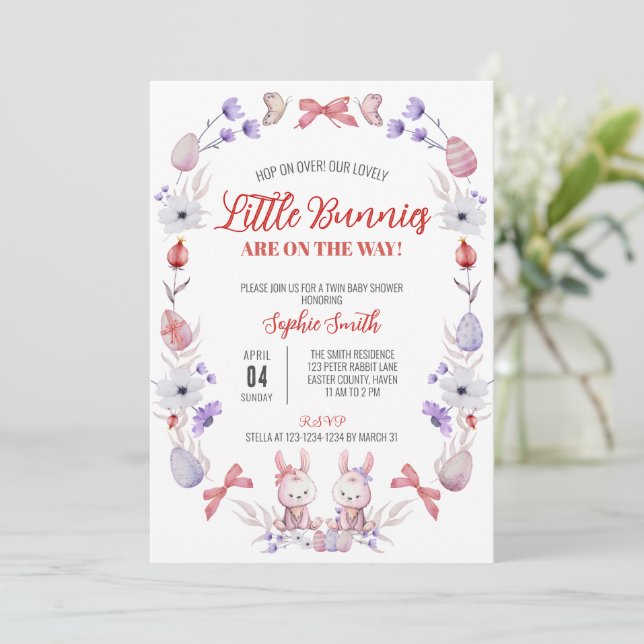 Invitation Petit Baby shower Bunnies, Douche Pâques Twin (Debout devant)