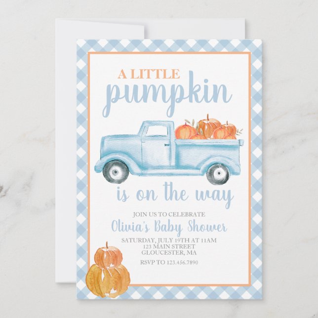 Invitation Petit Baby shower Citrouille Camion bleu Automne (Devant)