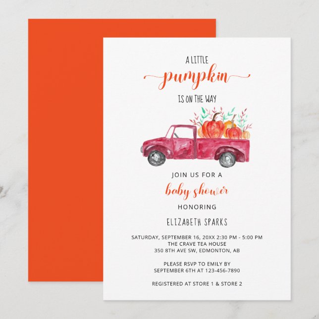 Invitation Petit Baby shower Citrouille Camion Rouge Automne  (Devant / Derrière)