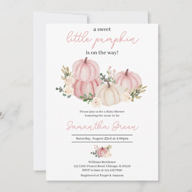 Invitation Petit Baby shower Citrouille rose fille (Devant)