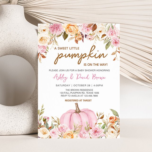 Invitation Petit Baby shower Citrouille rose Floral (Girl Floral Pumpkin Baby Shower Invitation)