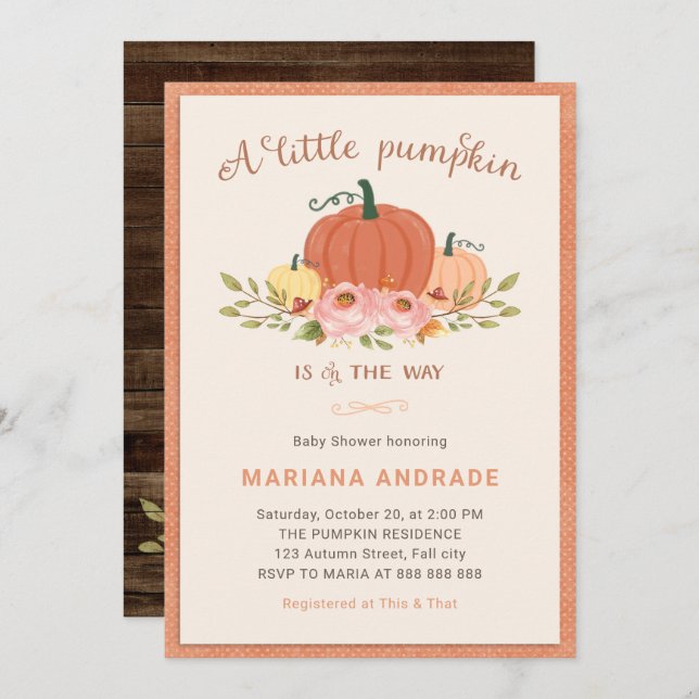 Invitation Petit Baby shower Citrouille Rustique Automne Flor (Devant / Derrière)