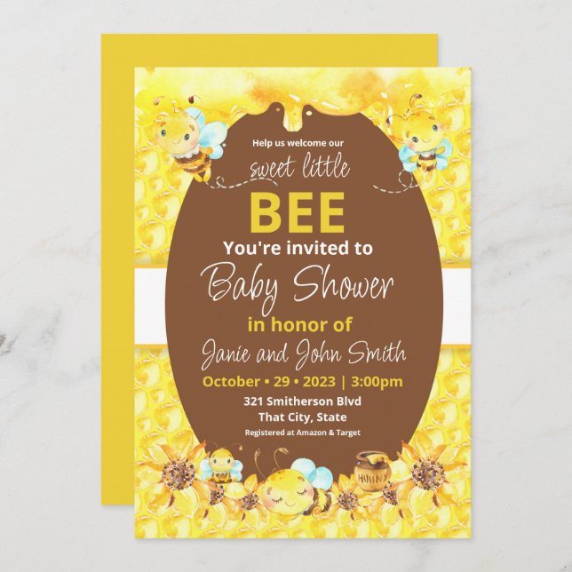 Invitation Petit Baby shower d'abeilles doux (Devant / Derrière)