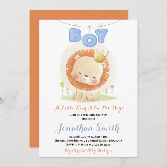 Invitation petit Baby shower d'aquarelle Safari Lion (Devant / Derrière)