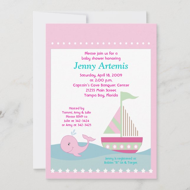 Invitation Petit Baby shower de bateau à voile rose baleine 5 (Devant)