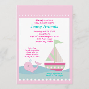 Invitation Petit Baby shower de bateau à voile rose baleine 5