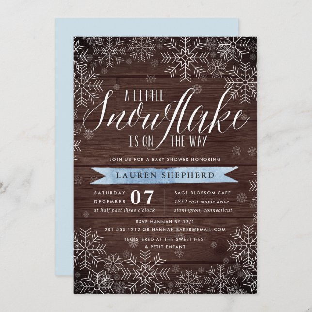 Invitation Petit Baby shower de bois rustique bleu Snowflake (Devant / Derrière)