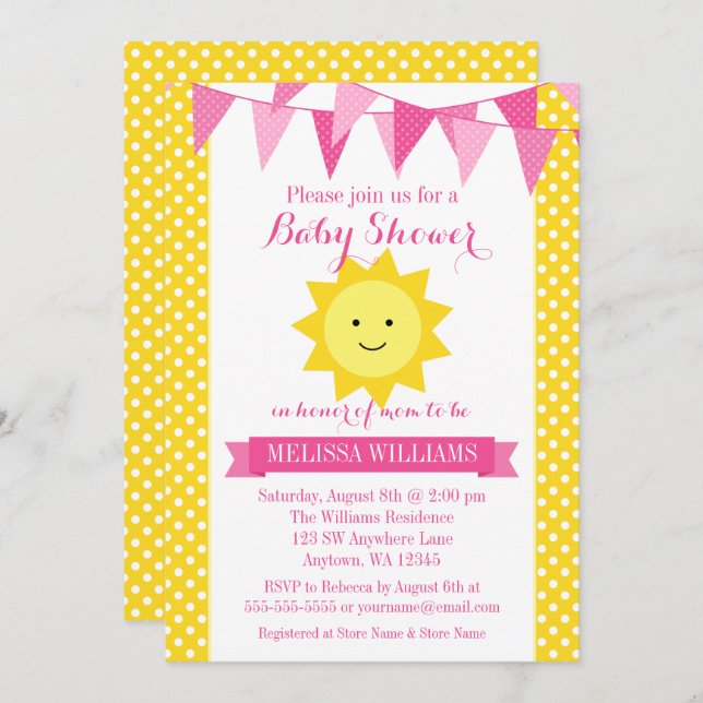 Invitation Petit Baby shower de Bunch Jaune Rose Brillant (Devant / Derrière)