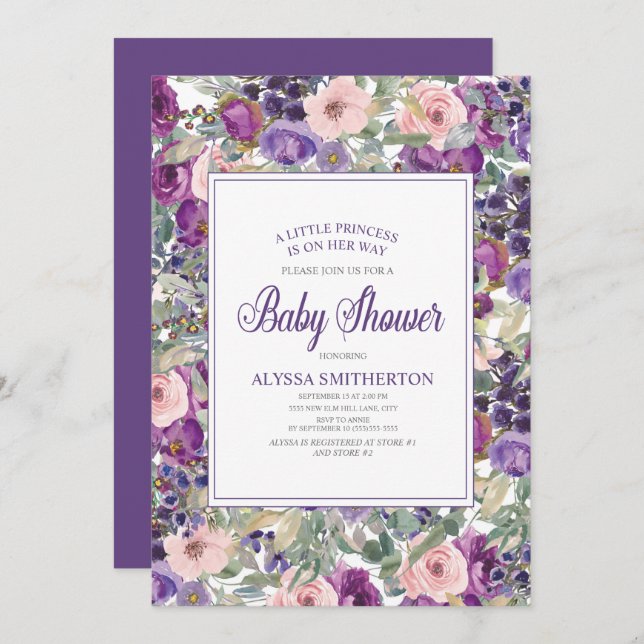 Invitation Petit Baby shower de fille rose violet (Devant / Derrière)