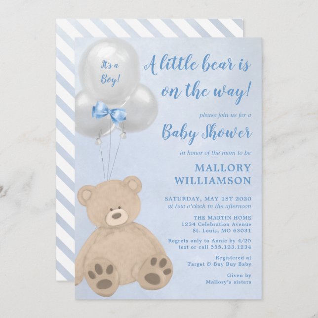 Invitation Petit Baby shower de garçon de l'ours (Devant / Derrière)