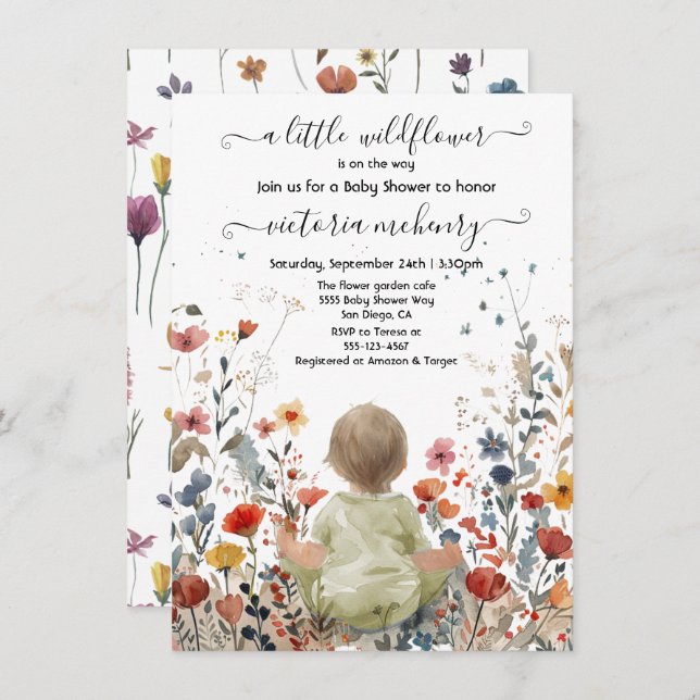 Invitation Petit baby shower de jardin fleur sauvage (Devant / Derrière)