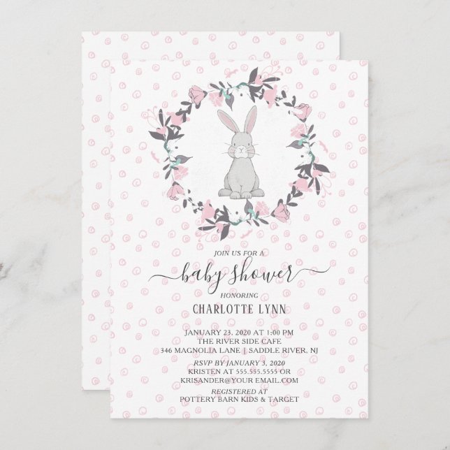 Invitation Petit Baby shower de lapin doux (Devant / Derrière)