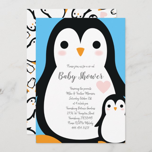 Invitation Petit Baby shower de pingouin bleu garçon (Devant / Derrière)