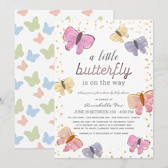 Invitation Petit Baby shower de promenade à papillon (Devant / Derrière)