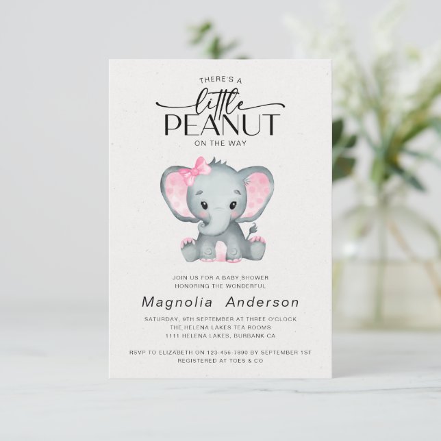 Invitation Petit Baby shower d'éléphant rose cacahuète (Debout devant)