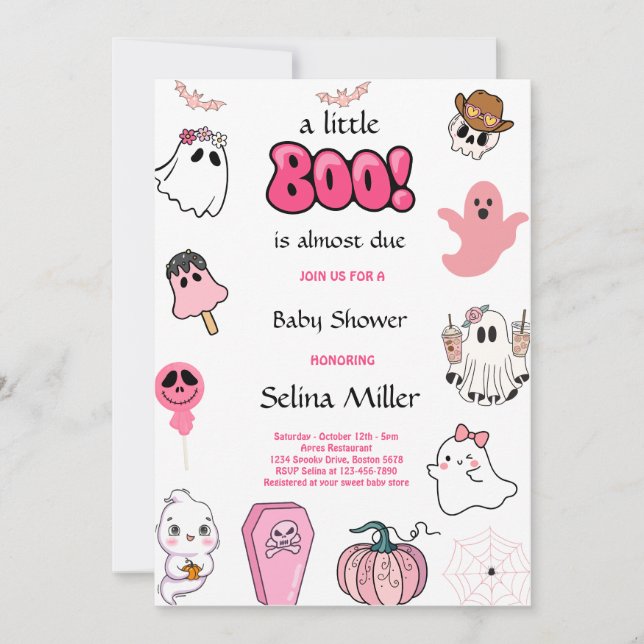 Invitation Petit Baby shower d'Halloween rose Boo (Devant)