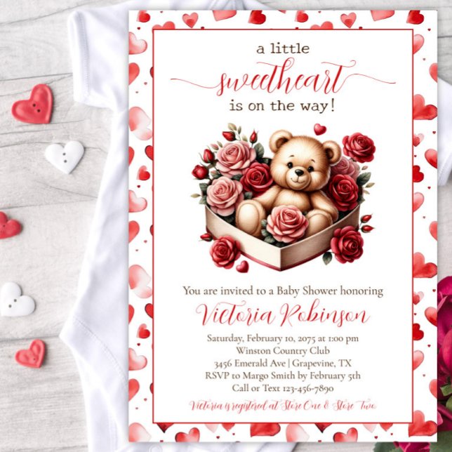 Invitation Petit Baby shower d'ours amoureux (Sweetheart valentine baby shower invitation with cute baby bear in a heart shaped box.)
