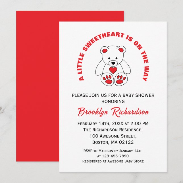 Invitation Petit Baby shower d'ours en peluche blanc rouge do (Devant / Derrière)