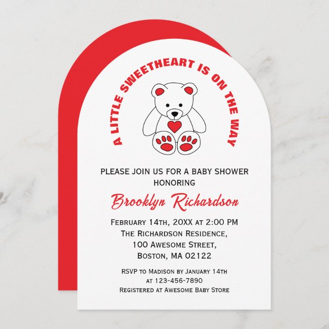 Invitation Petit Baby shower d'ours en peluche blanc rouge do (Devant / Derrière)