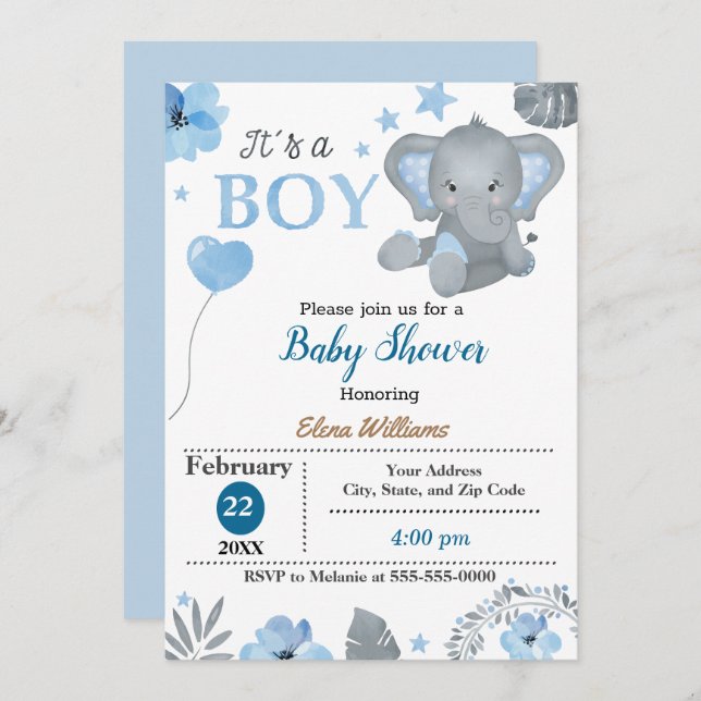 Invitation Petit Baby shower éléphant (Devant / Derrière)
