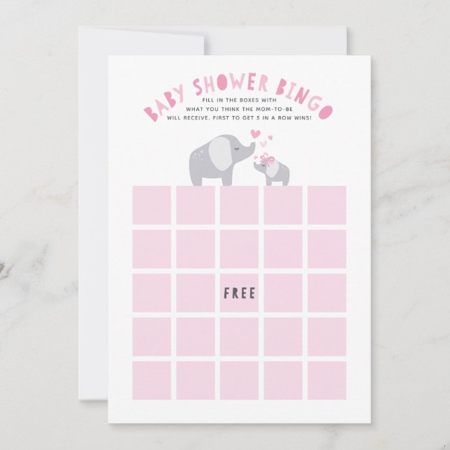 Invitation Petit Baby shower Eléphant Arachide Bingo Jeu rose (Devant)
