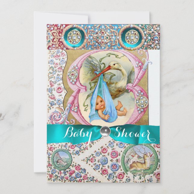 INVITATION PETIT BABY SHOWER EN STORK PRINCE, PIERRES FLORALE (Devant)