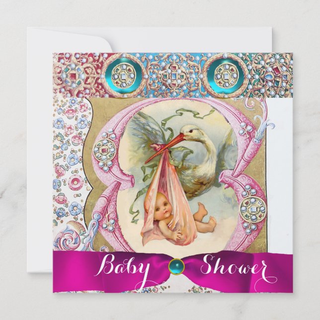 INVITATION PETIT BABY SHOWER EN STORK PRINCESS, PIERRES FLORA (Devant)