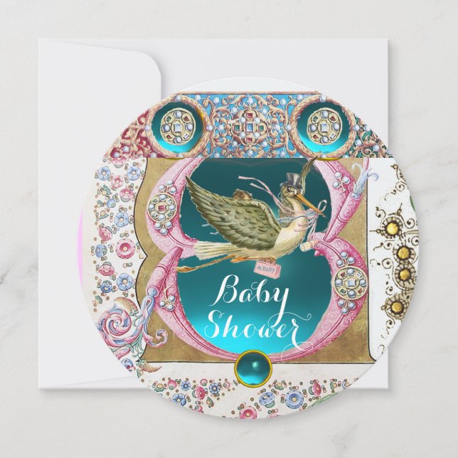 INVITATION PETIT BABY SHOWER EN STORK PRINCESS, PIERRES FLORA (Devant)