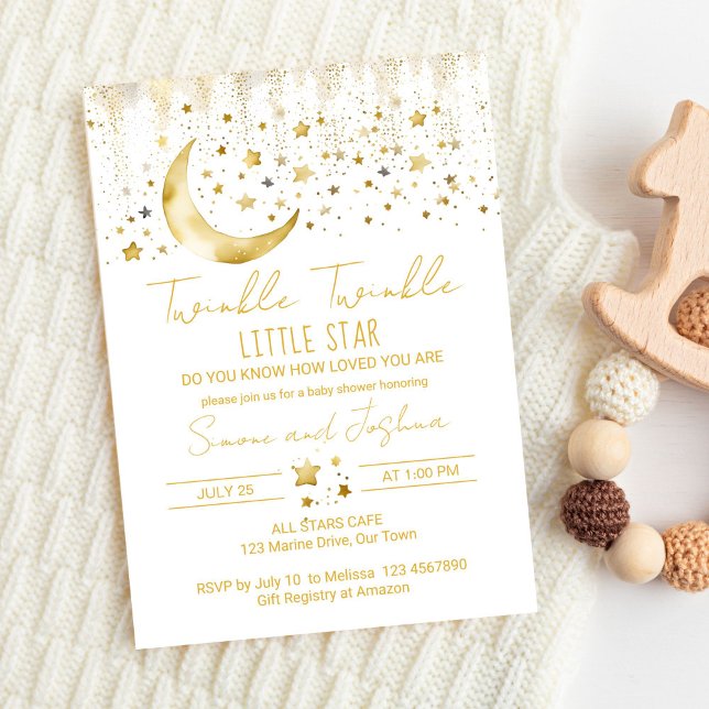 Invitation Petit baby shower étoilé tordu (Twinkle twinkle little star baby shower template invitation digital download white and gold moon)