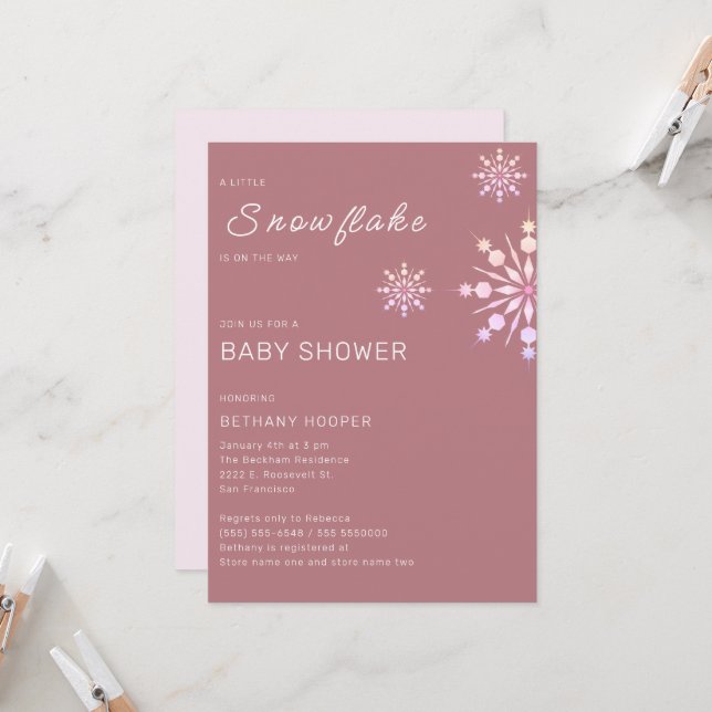 Invitation Petit Baby shower Fille de Feu de Neige Rose (Devant/Arrière en situation)