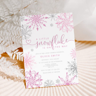 Invitation Petit baby shower fille de flocon rose argent