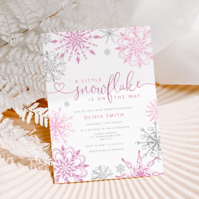 Invitation Petit baby shower fille de flocon rose argent (Créateur téléchargé)