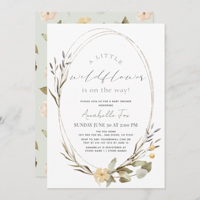 Invitation Petit Baby shower Fleur sauvage Oval Girl (Devant / Derrière)