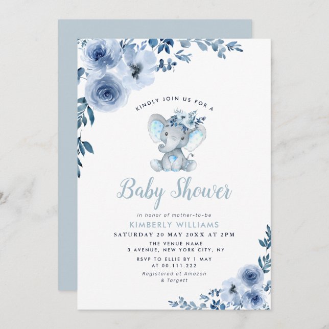 Invitation petit baby shower fleuri bleu éléphant (Devant / Derrière)
