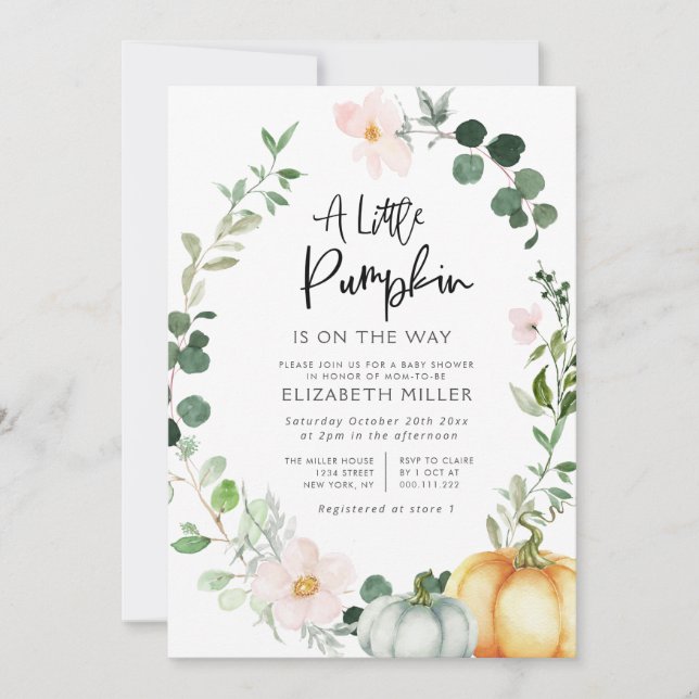 Invitation petit baby shower fleuri et verdoyant citrouille (Devant)
