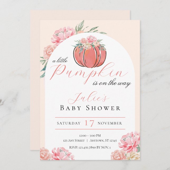Invitation Petit Baby shower Floral Citrouille fille (Devant / Derrière)