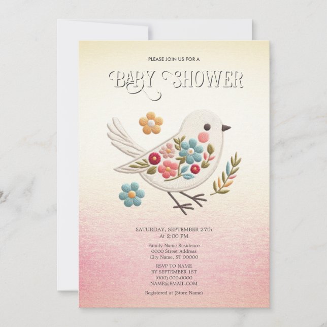 Invitation Petit Baby shower Floral d'oiseaux blancs (Devant)