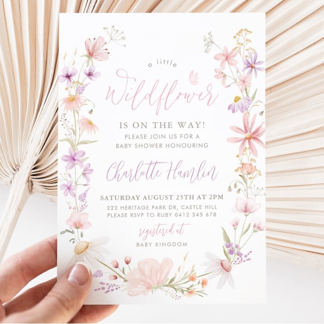 Invitation Petit Baby shower Floral Fleur sauvage rose pourpr (Créateur téléchargé)