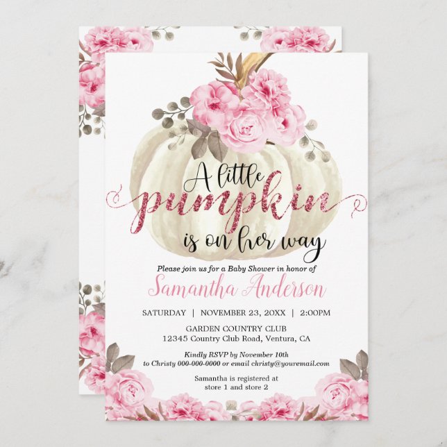 Invitation Petit Baby shower Floral rose Citrouille blanc (Devant / Derrière)