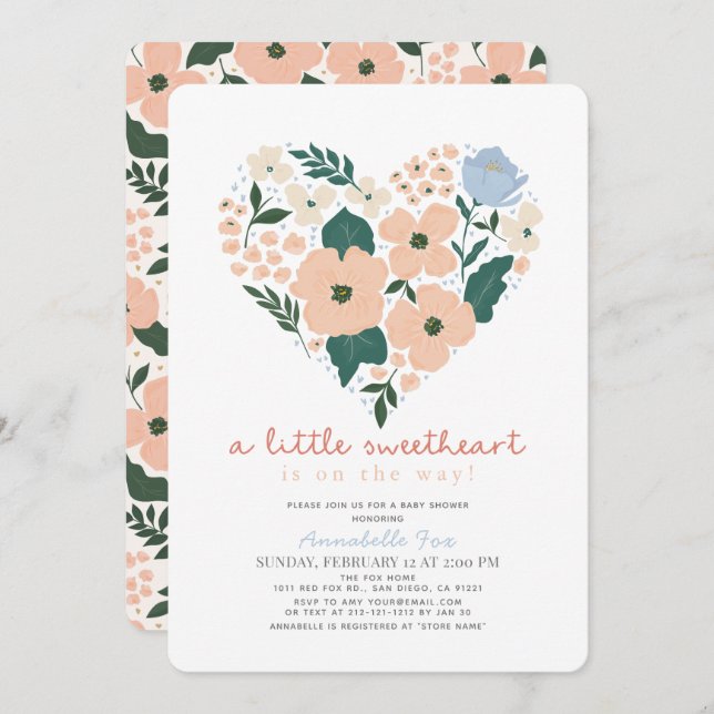 Invitation Petit Baby shower floral rose doux (Devant / Derrière)