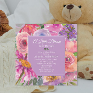Invitation Petit Baby shower Floral rose pourpre