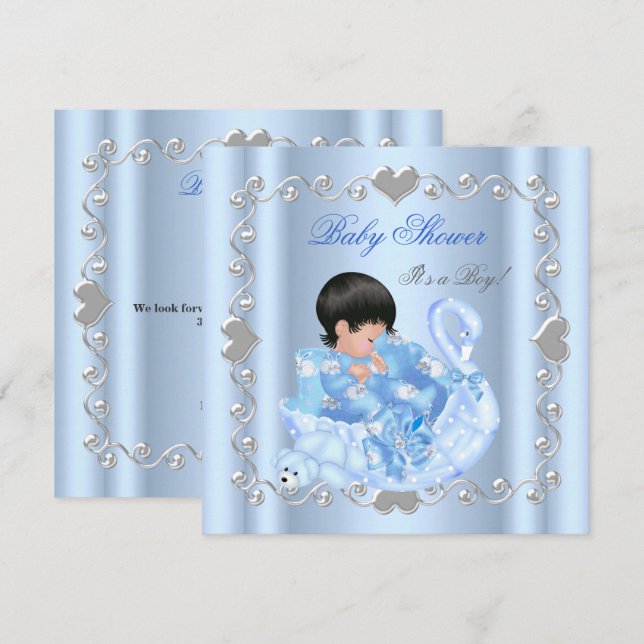 Invitation Petit Baby shower Garçon Bébé Bleu Cygne (Devant / Derrière)