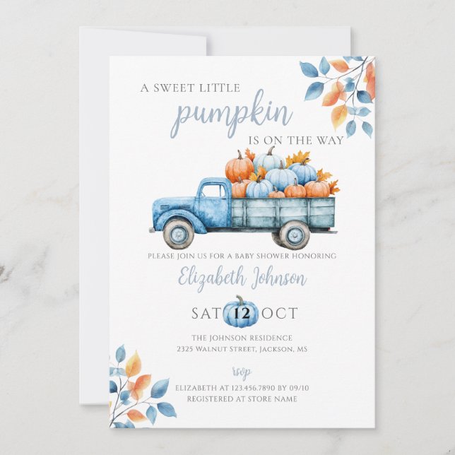 Invitation Petit Baby shower Garçon Bleu Citrouille Tout En U (Devant)