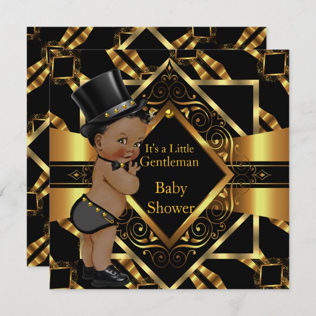 Invitation Petit Baby shower Gentleman Gold Noir Ethnic (Devant / Derrière)