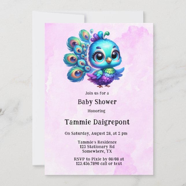 Invitation Petit Baby shower Peacock Rose-violet (Devant)